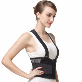 NeoTech Care Back Brace with Suspenders/Shoulder Straps - Light & Breathable - Lumbar Support Belt for Lower Back Pain - Posture, Work, Gym - Black Color (Size XXL)