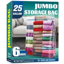 25 Gallon Jumbo Storage Bags, 35" x 24" Clear Plastic Zipper Bags with Handles, Extra Heavy Duty Large XL for Travel, Moving, Clothing, 6 Packs