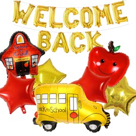 Welcome Back Balloons Gold Welcome Back Banner Back to School Party Supplies with School Bus Balloons Star Balloons First Day of School Classroom, House, Home Decor Decoration