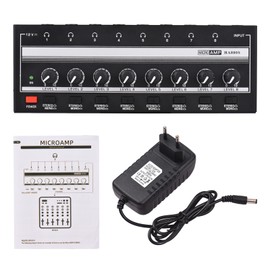 HA800S Headphone Amplifier 8 Channels Mono/Stereo Metal Stereo Headphone Amps Audio Amp. Ultra-compact 8-Channel Mini Audio Stereo Microphone AMP. with Power Adapter