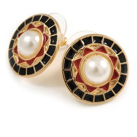 18mm Black/Red Enamel Faux Pearl Button Stud Earrings In Gold Tone