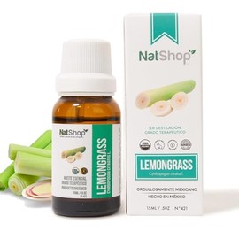 NATSHOP - Aceite Esencial Lemongrass Orgnico, 100 Puro, Grado Teraputico USDA Organic - Tpico, ingerido y aromtico - Antibacteriano y Calmante - 15ml 