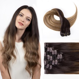 SOBEAUTY Clip in Hair Extensions, Real Human Hair Extensions, 100% Human Hair Remy Natural Hair Double Weft, 7 Pcs 120g Volume Invisible DIY Full Head Hair Extenion (Mix Brown T2/6/18 14 inch)