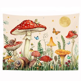 Ulticool - Mushroom Butterfly Snail Nursery - Tapestry - 200 x 150 cm - Large Tapestry - Poster - Beige Red Yellow Green