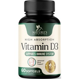 Nature's Vitamin D3 5000 IU (125 mcg) Extra Strength Vitamin D-3 Supplement for Bone, Teeth, Muscle and Immune Health Support, Dietary Supplement, Gluten Free, Non-GMO - 60 Softgels (2 Month Supply)