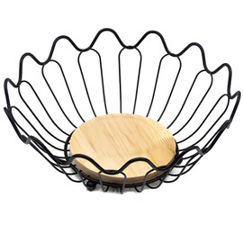 Farmhouse Fruit Basket, Rustic Fruit Vegetable Bowl for Kitchen Counter, Strong Iron and Wood Construction, Black Wavy Design, Great for Various Home Styles