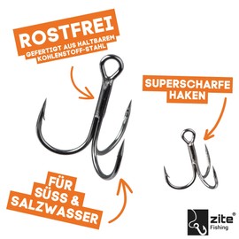 Zite Fishing Treble Hooks XL Set of 15 | Treble Fishing Hooks Assortment in Box | High Carbon Steel & Sharp Tips | Fishing Hooks Pike, Zander, Large Fish in Size 1, 1/0, 2/0