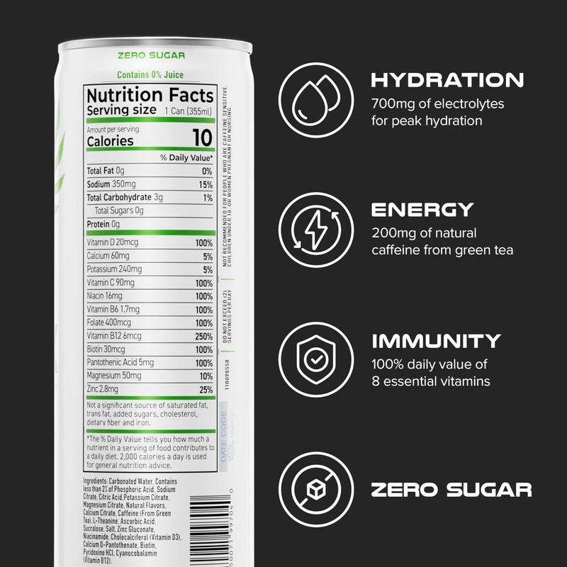 PHX Hydration Energy Drink - 700mg Electrolytes, 200mg Natural Green
