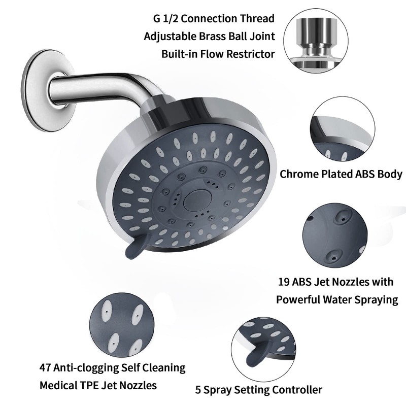 Aisoso Shower Head High Pressure Rain Fixed Showerhead 5-Setting with
