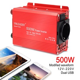 Yinleader Wechselrichter DC 12V auf 230V AC 500W KFZ Spannungswandler LED 1 Euro-Steckdosen 2 USB Power Inverter,Rot