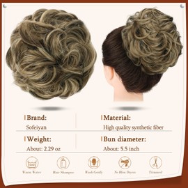 SOFEIYAN Claw Clip Messy Bun Hair Piece Wavy Curly Hair Bun Clip in Claw Chignon Ponytail Hairpieces Synthetic Tousled Updo Hair Extensions Scrunchie Hairpiece for Women, Brunette Mixed Ash Blonde