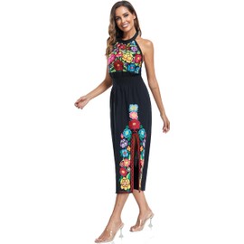 YZXDORWJ Women's Mexican Floral Embroidered Halter Neck Split Sleeveless Ruffle Party Long Dresses (S, 24BKR)