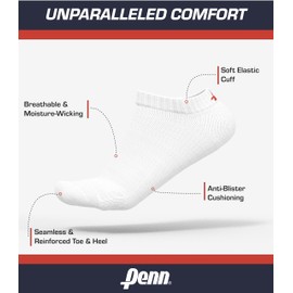 Penn Trainer Socks (6 Pairs) - Low Cut Ankle Socks For Men & Women - Cushioned Cotton, Anti-Blister Athletic Socks - Sports, Running, Tennis or Everyday - Sizes 3-5, 6-8, 9-11