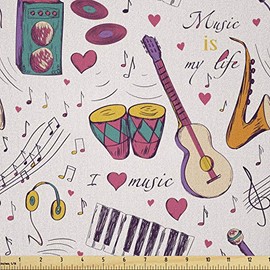 Ambesonne Music Fabric by The Yard, Instruments Drums Speakers Keyboard Headphones Records Blues Music is My Life Theme, Microfiber Fabric for Arts and Crafts Textiles & Decor, 1 Yard, Indigo White