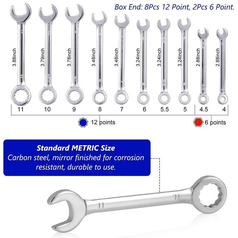Bestgle Mini Combination Wrench Set, 10Pcs Metric 4-11mm Small Wrench
