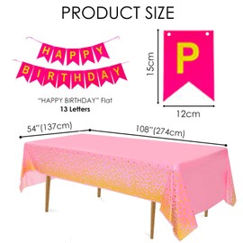 jiuzcare Party Tablecloths with Gold Dot, 137 x 274 cm, Rectangle Tablecloth, Plastic Tablecloths, Oilcloth, Washable with Happy Birthday Banner for Party, Picnic, Weddings, Birthday, Pink