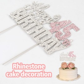 Nelbiirth Decoración para tartas con diamantes de imitación plateados y rosados para cumpleaños 45, con texto en inglés «Cheers to 45 Years» y «Cheers to 45th Birthday»