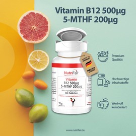 Vitamin B12 500μg 5-MTHF 200μg - 360 Tabletten - aktive Folsäure - Hochdosiert - 100% Vegan – Deutsche Produktion & Laborprüfung - NutriFair | Premium & Fair