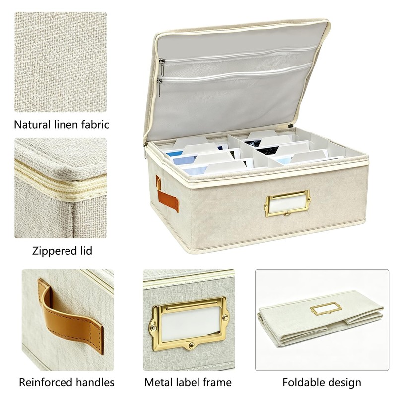 GINUMWA Photo Storage Box - Decorative Linen Organizer with Dividers
