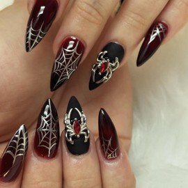 Press on Nails – 24pcs Medium Almond False Nails with Spider Web & Charm Design – Red Gradient & Black Matte Acrylic Long-Lasting, Easy to Apply, Salon-Quality at Home
