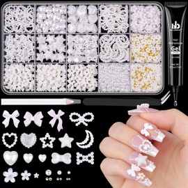 3D Nail Charms for Coquette Nails Design with Rhinestone Glue Set 3, White Nail Bow Charms + Pearl Heart Star Moon Bowknot Nail Jewels + 3D Flowers and Pearls, with Picker Tools for Nail Decor