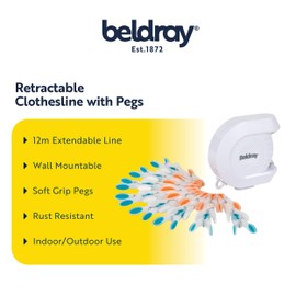 Beldray COMBO-2039 Retractable Clothesline & Pegs - 12m Extendable Laundry Line, Wall Mountable Washing Line, 24 Soft Grip Clothes Pegs, Rust & Moisture Resistant, Suitable for Outdoor/Indoor Use