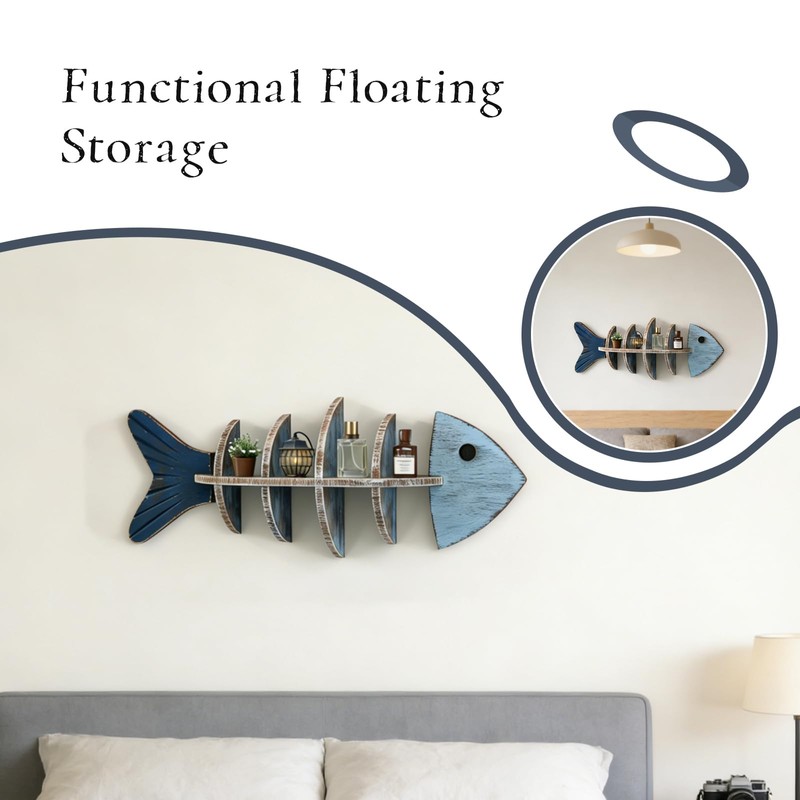 HPZIHYNAP Rustic Wooden Fish Floating Shelf, Unique Fishing Decor Wall