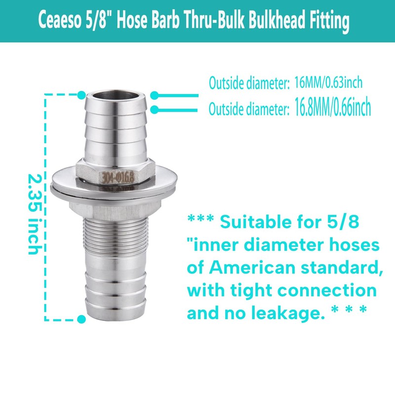5/8" Hose Barb Thru-Bulk Bulkhead Fitting,304 Stainless Steel Straight Hex