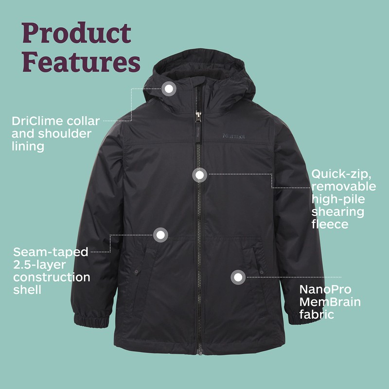 MARMOT Kid's Precip Eco Comp Jacket, Black, Medium