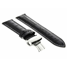 Ewatchparts 20mm Leather Watch Band Strap Deployment Clasp Compatible With Ulysse Nardin Watch Black With White Stitching