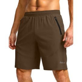 Pudolla - Pantalones cortos de entrenamiento para hombre, de 9 pulgadas, ligeros, atléticos, para correr, ejercicio, casual, con bolsillos con cierre, Marrón, X-Large