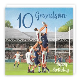 Hunts England - 10th Grandson Rugby Birthday Card - Milo's Gallery - Age 10 Sport Fun Birthday Card For Grandson - Birthday Card For 10 Year Old Rugby Fan - Age Ten