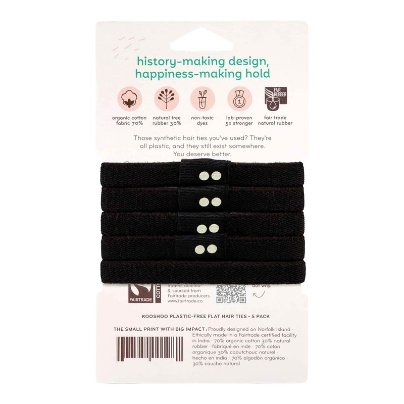 Kooshoo Plastic-Free Flat Hair Ties - Black, 5 Pack