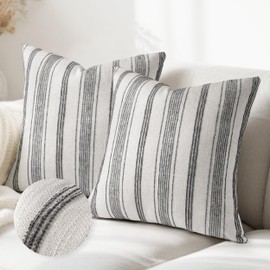 AELS 18x18 Decorative Farmhouse Linen Throw Pillow Covers, Beige with Gray Chenille Striped Pillow Case, Set of 2, Boho Textured Cushion Cover for Sofa Couch Living Room (Cover ONLY)