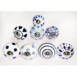 ATCUSA Set of 8 Dessert Flower Handmade Knob Cabinet Cupboard Door Dresser Wardrobe Drawer Pull for Bathroom | Bedroom | Office | Kitchen Handmade Ceramic Knobs | (Blue)