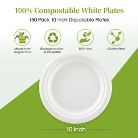 ECOLipak 100% Compostable 10 inch Paper Plates, 150 Pack Heavy Duty Paper Plates, Disposable Biodegradable Eco-friendly Sugarcane Bagasse Plates for Dinner Party(White) | ECOLipak