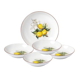Lorren Home Trends Porcelain Pasta Bowl Set, 11-inch Serving Bowl with 4 Individual 8-inch Bowls, Lemon Design Pattern