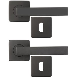 AGT Long Plate Door Fitting: Set of 2 Stainless Steel Door Fittings with 2 Latches and Rosettes, Square, Black (Modern Door Handles, Door Set, Door Lock)