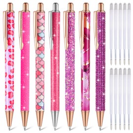 Sherr 7 Pcs Fancy Pens for Women Cute Sparkly Glitter Pens with 10 Pcs Black Ink Refills Pretty Gifts for Girls Office School Christmas Graduation(Hot Pink,Lovely)