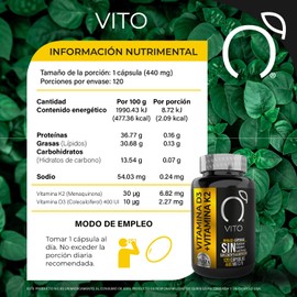 VITO | Vitamina D3 400 UI + K2+ Aceite de Semilla de Linaza | Sin Ingredientes Añadidos | Suplemento Alimenticio | 120 Cápsulas de 440 mg