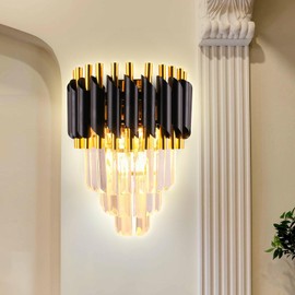 FRIXCHUR Crystal Wall Sconce Black Modern Lamp Mounted Light Fixture for Bedroom Bedside Living Room Hallway Bathroom 2X E12 Base