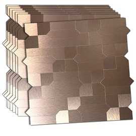 XUANINY 7-Sheet Peel and Stick Metal Backsplash Tiles, Self Adhesive Multiple-Shapes Aluminum Mosaic 3D Wall Sticker for Kitchen Bathroom Decor (7, Brushed Bronze)
