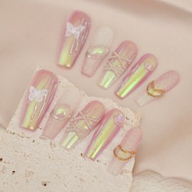 10pcs Handmade Pink Butterfly Iridescent Press On Nails fake Nails Reusable Acrylic Nails Korean Nails Long Coffin Shape with Gem Accents, Glitter & Chains Kits included (Medium)