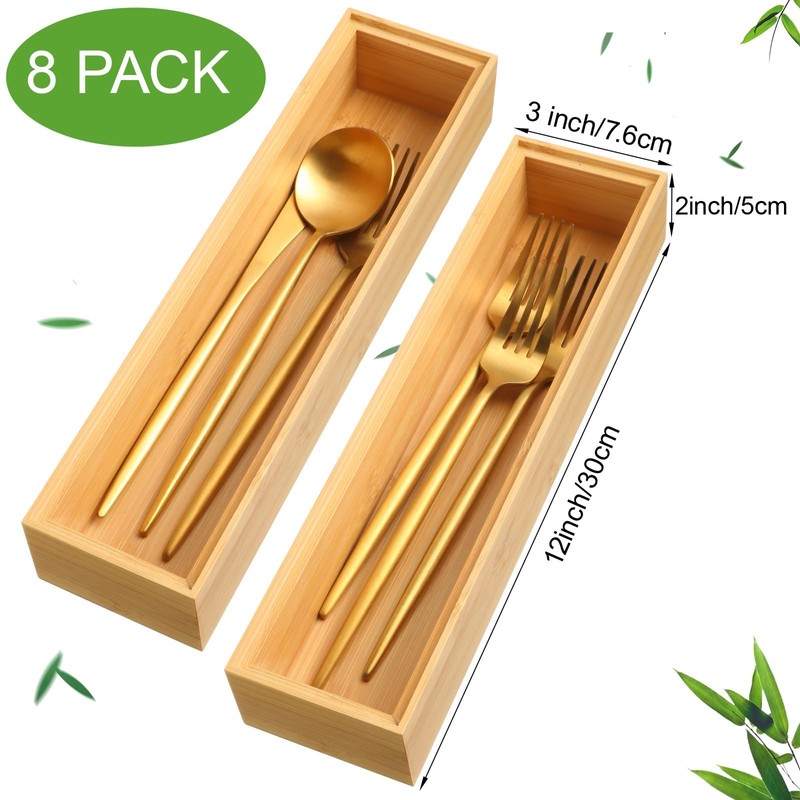 Kigley 8 Pieces Bamboo Drawer Organizer Kitchen Utensils Wooden Utensil