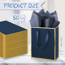 Yeaqee 50 Pack Metallic Paper Gift Bags with Handle and Tissue Paper Wedding Thank You Favor Bag for Bridal Shower Groomsmen 5 Senses Gift Bags for Her Him Birthday 9 x 7 x 3.15''(Navy Blue and Gold)