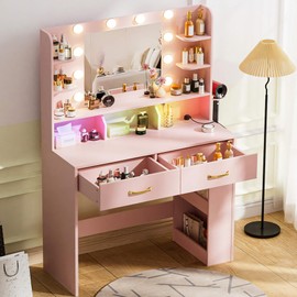 COMHOMA Vanity Desk with Lighted Mirror and Power Outlet, RGB LED Lights Makeup Vanity Set for Girls, Large Storage Capacity Dressing Table for Bedroom, 3 Lighting Modes Adjustable Brightness, Pink
