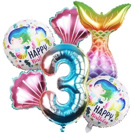 Mermaid Birthday Party Decoration,Mermaid Theme Party Supplies,included Mermaid Tail,Seashell, Large Number Balloons, Cute Colorful Foil Helium Balloons Birthday Decorations for Girls(3)