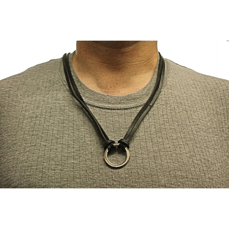 Black Leather Cord Necklace with Silver Coloured Round Metal Pendant