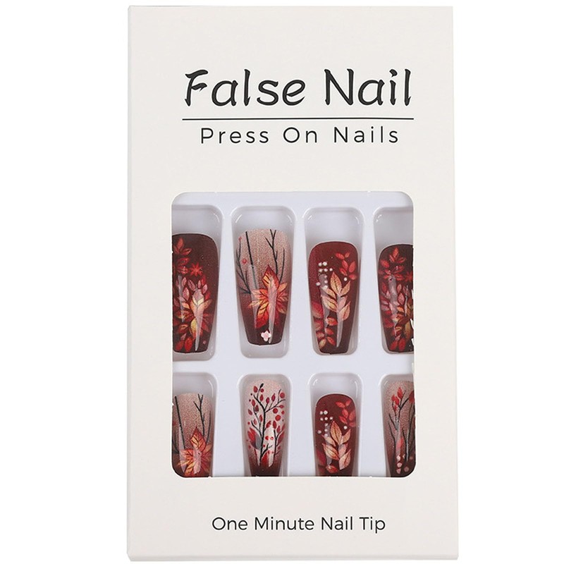 Fall Coffin Press on Nails Medium Fake Nails with Leaves