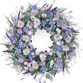 Waipfaru Spring Wreaths for Front Door, 22 Inchs Spring Daisy Wreath Summer Wreath with Floral Lanvender for Indoor Outdoor Wall Porch Window Decor and Festival Celebration